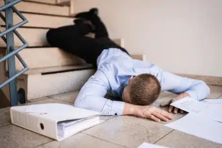 A man in business attire lies face-down on a stairway landing after an apparent fall, with scattered papers and a binder around him