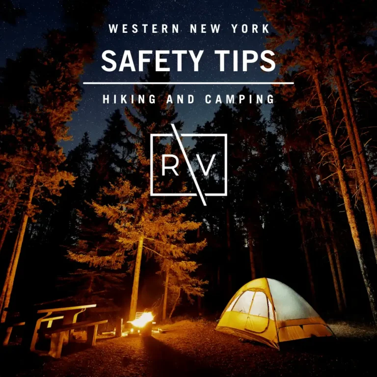 Western New York hiking and camping safety tips by Richmond Vona, featuring a nighttime campsite with tent and campfire.