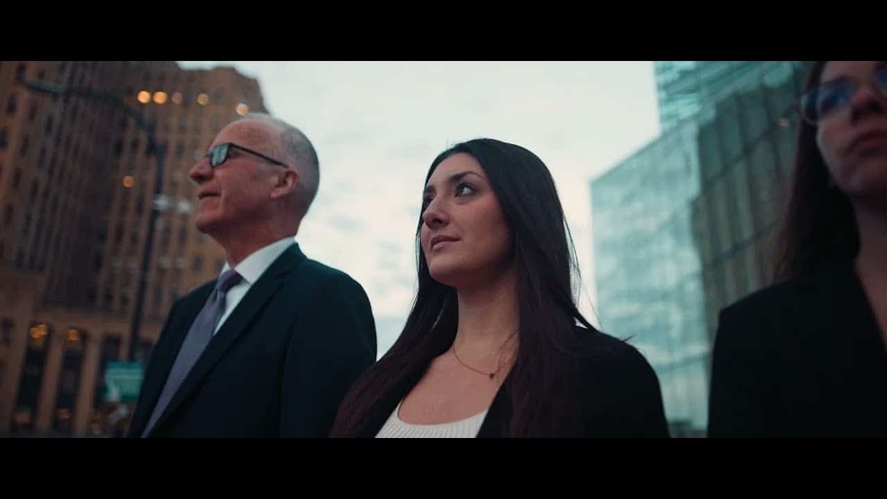 A group of professionals in business attire walking confidently in an urban setting with tall buildings in the background