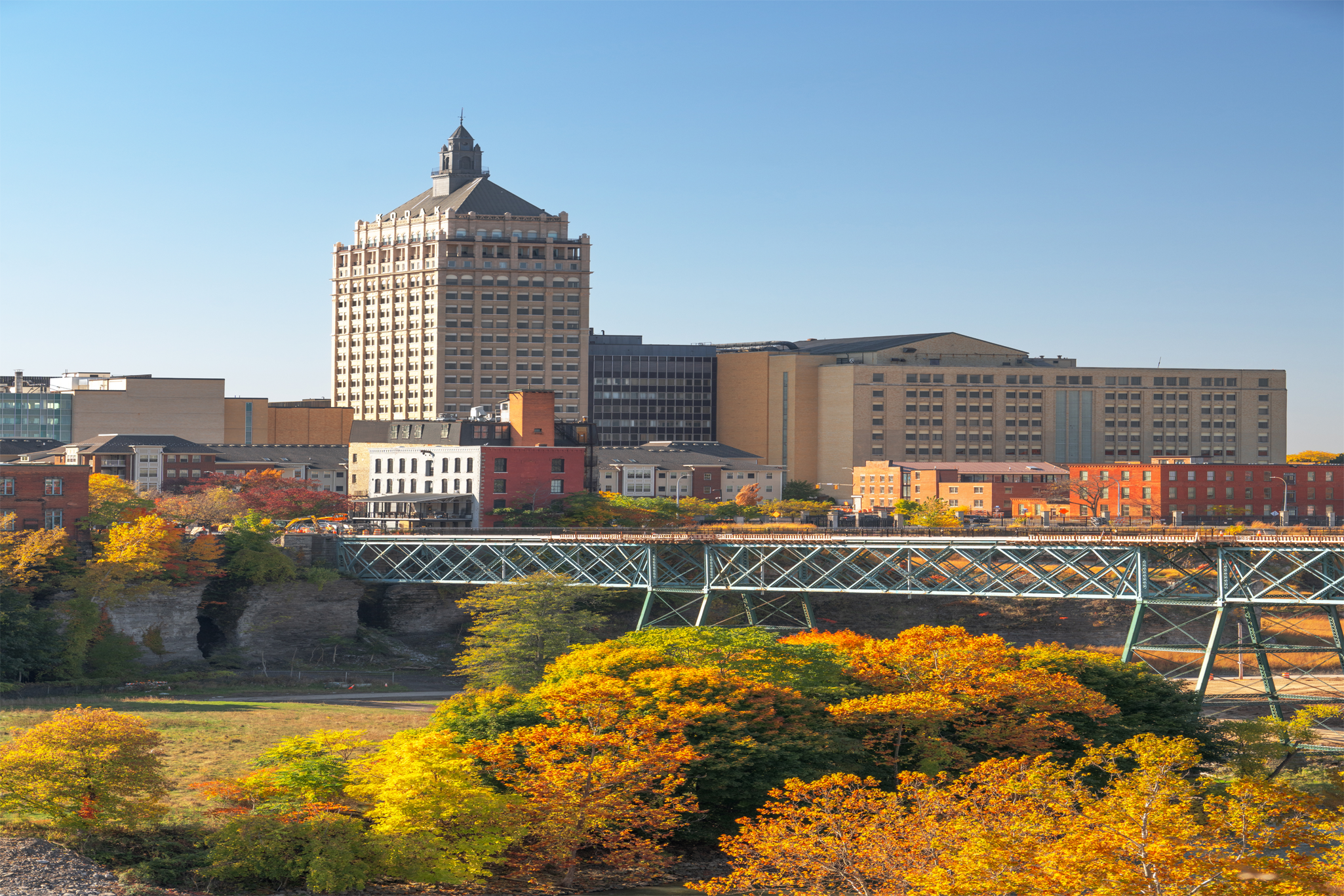 Rochester, New York, USA with Pont de Rennes Bridge in autumn season.
