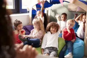 View over the shoulder of infant school teacher showing a book to a group of children sitting on bean bags in a comfortable corner of the classroom, raising their hands to answer a question, selective focus, close up