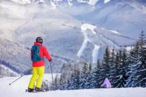 Back view of skier in bright winter gear with poles and backpack on snow, overlooking alpine forest and ski runs in the mountains