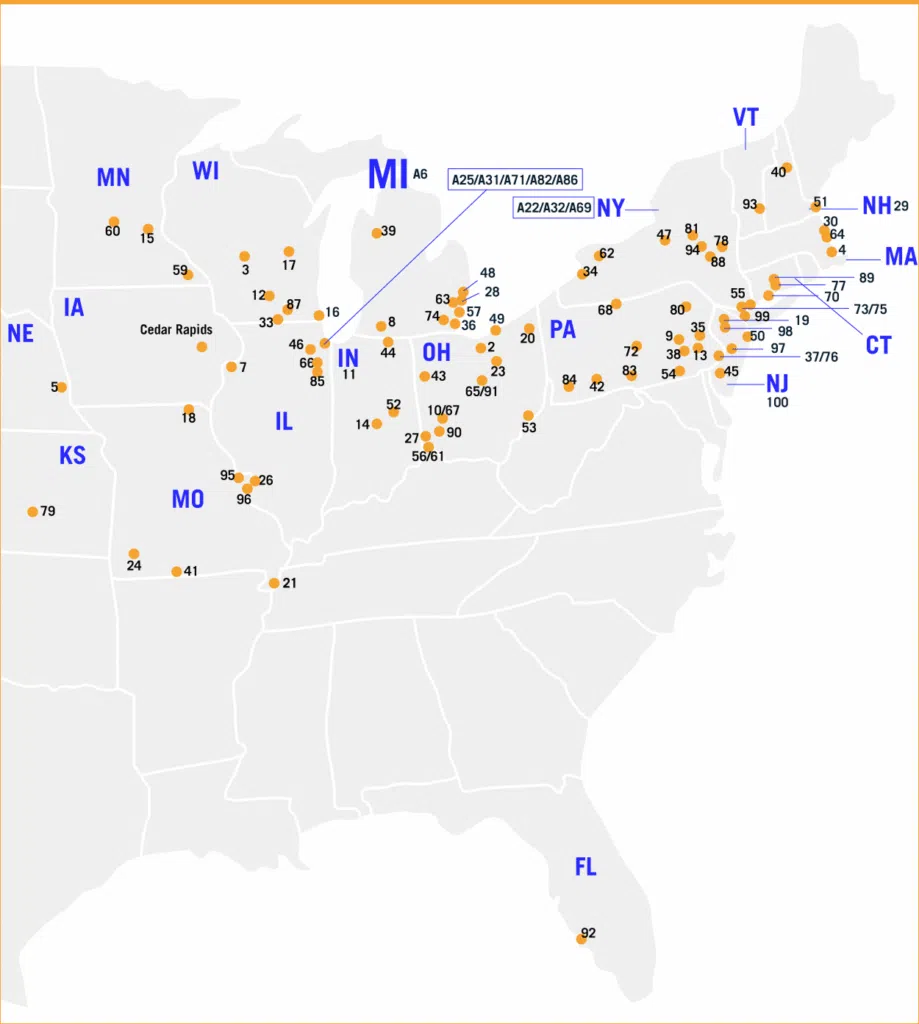 Map of the eastern United States showing highway routes marked with numbered orange dots