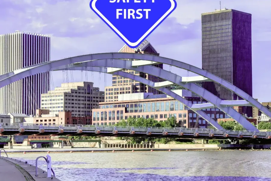 Rochester NY image with Safety First Graphic on top of it