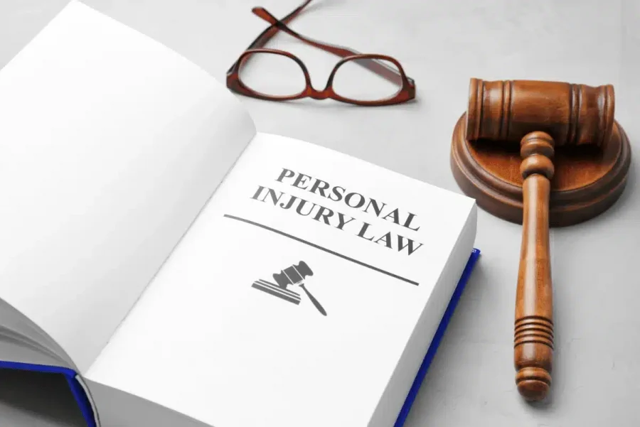 Personal injury law book, Gavel and Glasses on a table