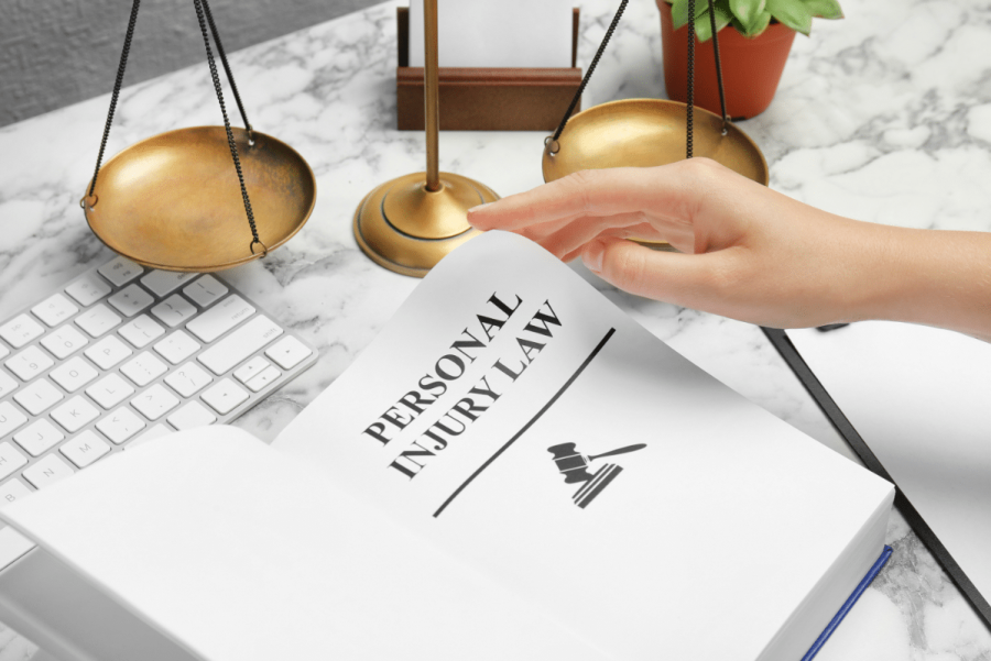 personal injury law book and justice scale